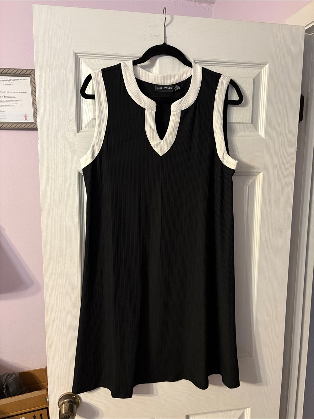 Nina Leonard Black Dress with White Trim and Keyhole Neck